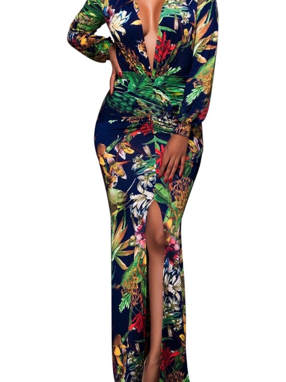Tropical Beaded Floral Navy Long Puff Sleeve Maxi Dress with Deep Front Slit